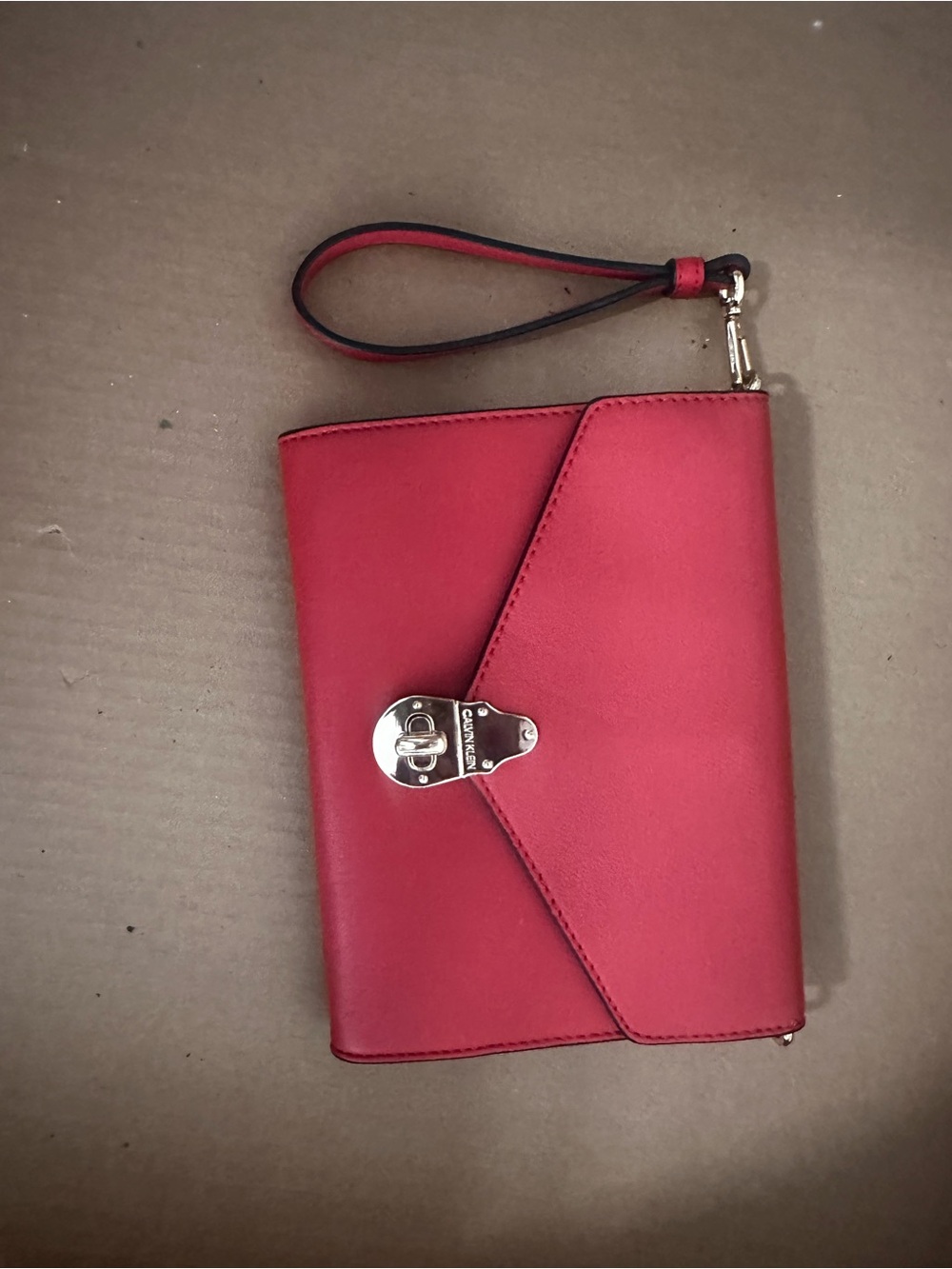 Calvin Klein Red Leather Wristlet Clutch with Silver Hardware